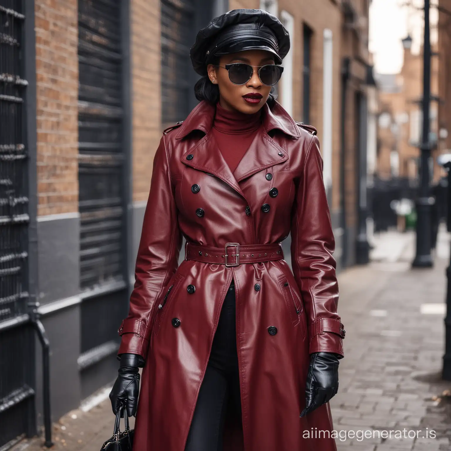 ebony woman in dark red leather trench coat, leather gloves, sunglasses, black lipstick, black leather masters cap, leather studded dog collar
