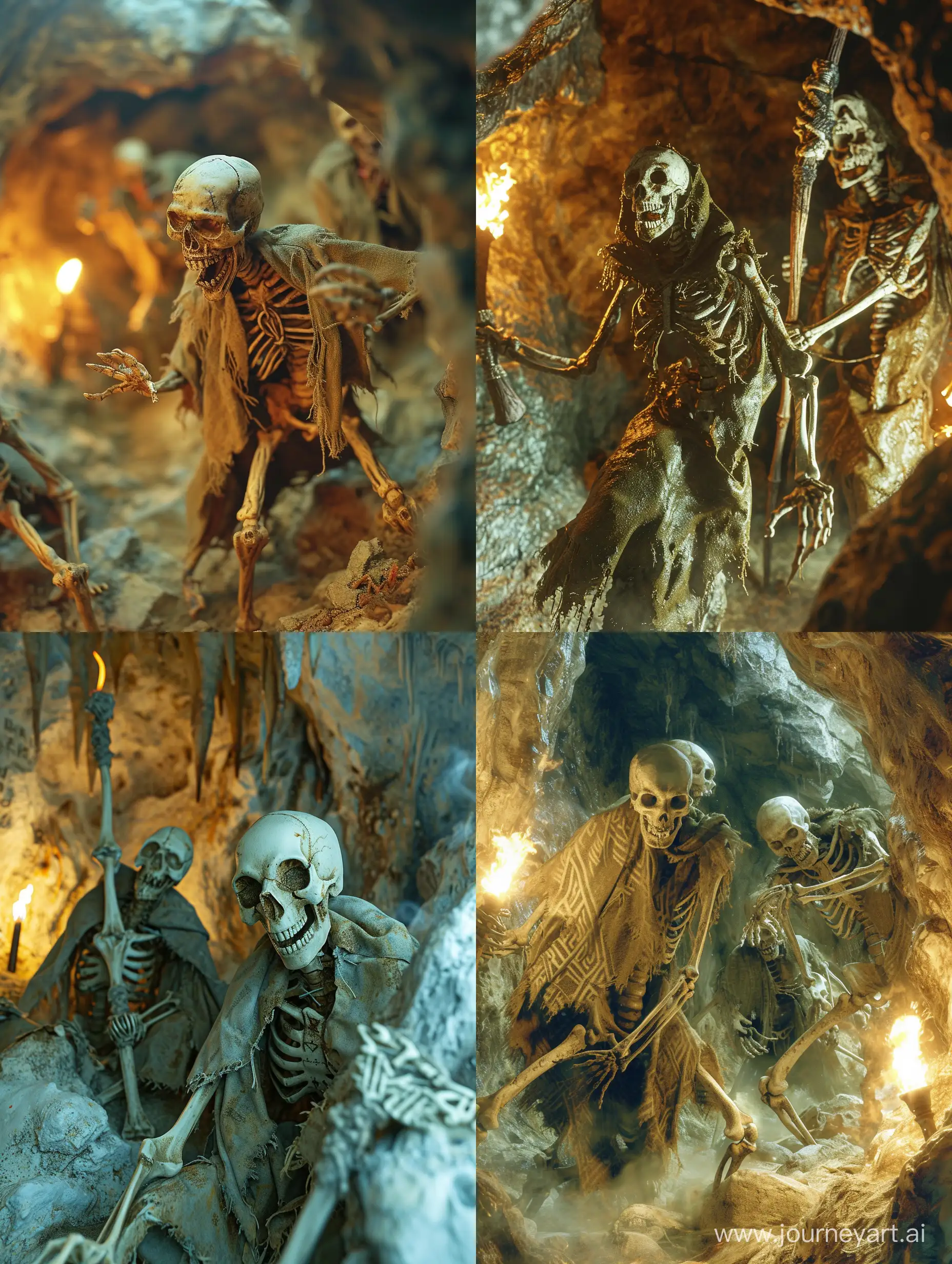 Living skeletons with torn robe,in a cave-like place underground,bone weapons,runic script,attacking,Angry,torches that give light to the environment,intricate,incredible detail,terrifying.