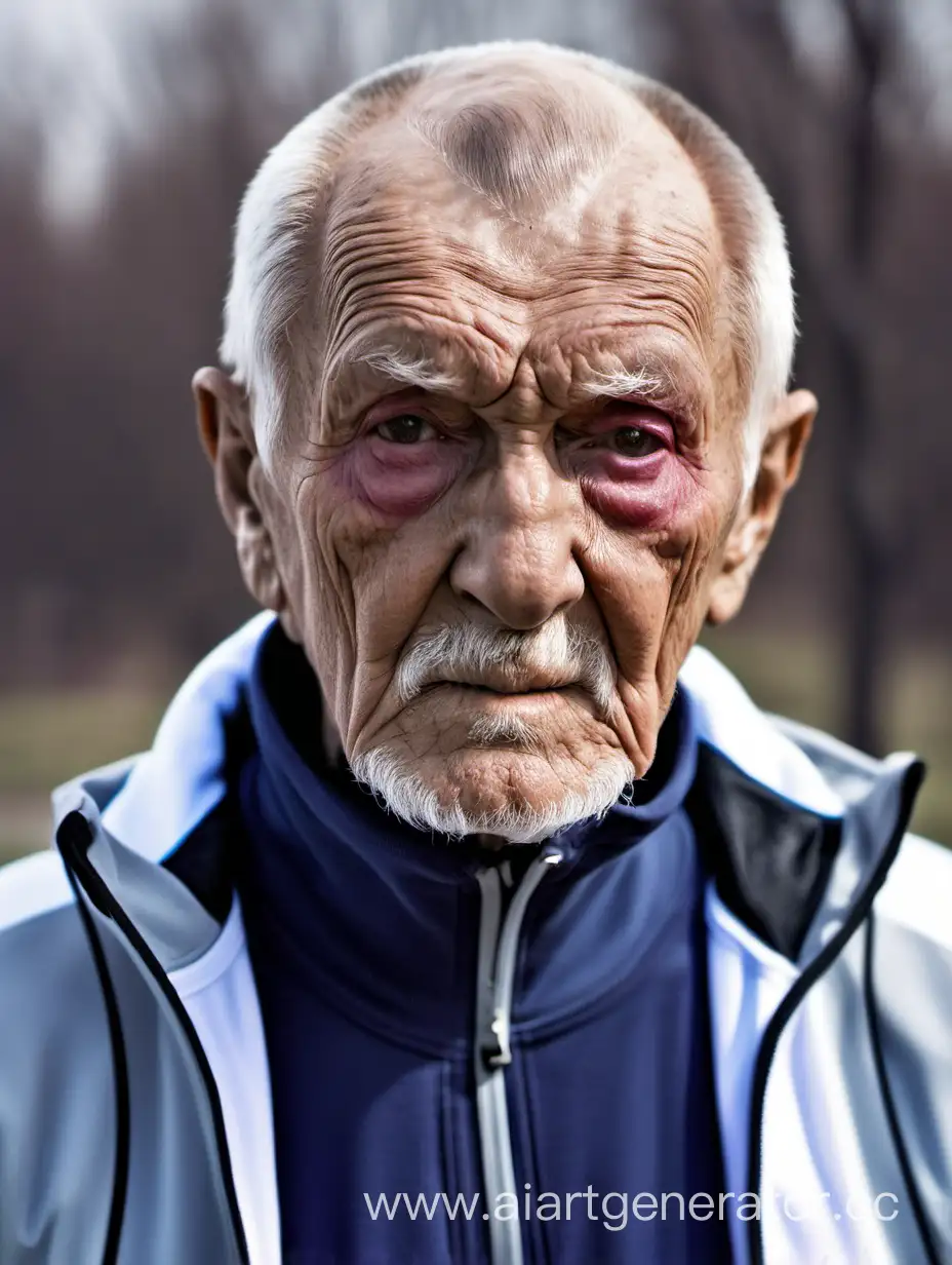 Русский дед с недельной щетиной короткой причёской в спортивной одежде ему 85 лет