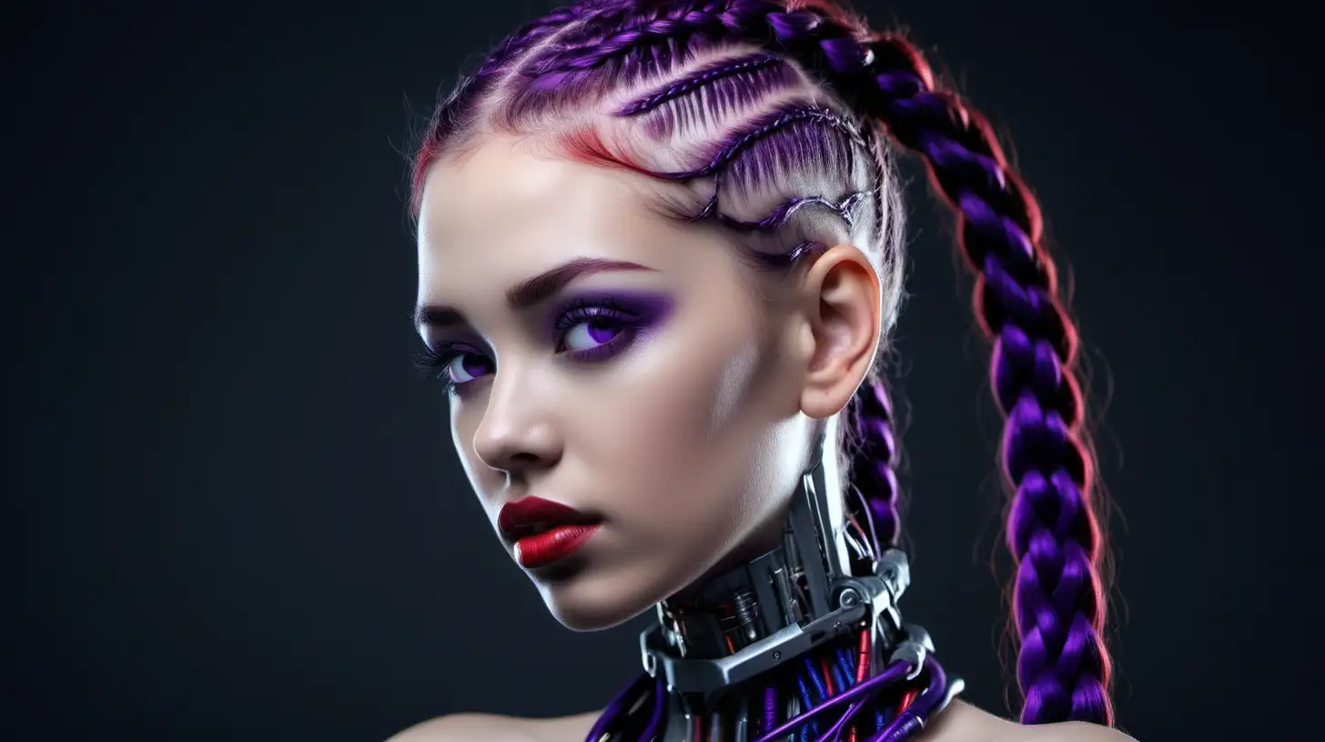 Beautiful cyborg woman, 18 years old. She has a cyborg face, but she is gorgeous. She is like a super model. She is thin. Purple and red braids. Lipstick. A lot of hair. A lot a lot of braids.
