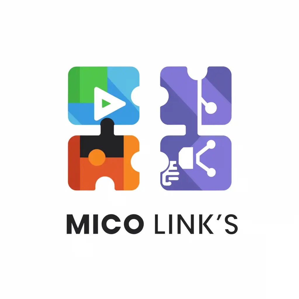 a logo design,with the text "Mico Link's", main symbol:Incorporate a stylized representation of two interlocking puzzle pieces. One puzzle piece could represent digital marketing, and the other could represent software development. The interlocking nature symbolizes how you connect these two worlds seamlessly. Inside the puzzle pieces, you could incorporate subtle symbols or icons representing the respective fields, like a computer screen for software development and a megaphone for digital marketing.,Moderate,clear background