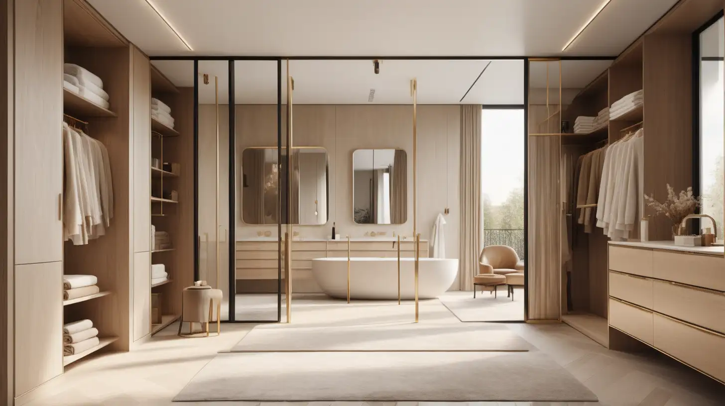 Luxurious Modern Parisian Bathroom and Closet Fusion with Beige Light Oak and Brass Accents