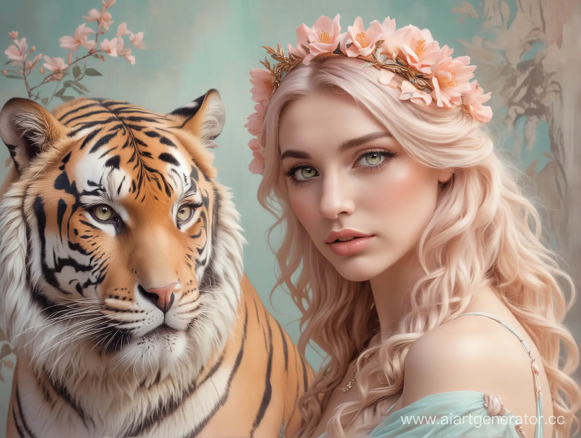 картинка в пастельных тонах богиня Афродита с тигром 