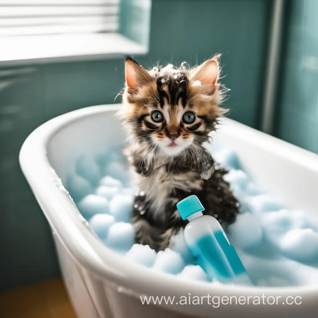 Adorable-Kitten-Bath-Time-with-Sudsy-Foam-and-Shampoo-Bottle