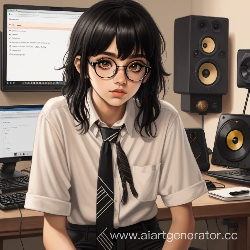 girl about 17, dark, shaggy hairstyle, black hair, narrow eyes, brown eyes, wearing a white shirt and tie, black trousers, round glasses, makeup with arrows, listens to spotify 