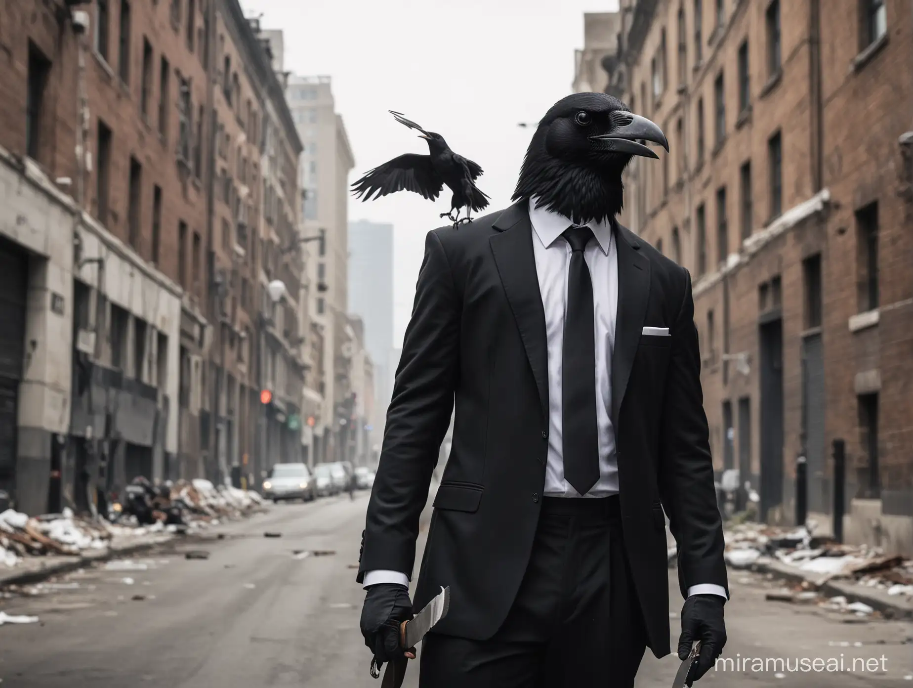 crow in a classic black suit with white shirt and black tie holding a knife in its beak standing in urban area