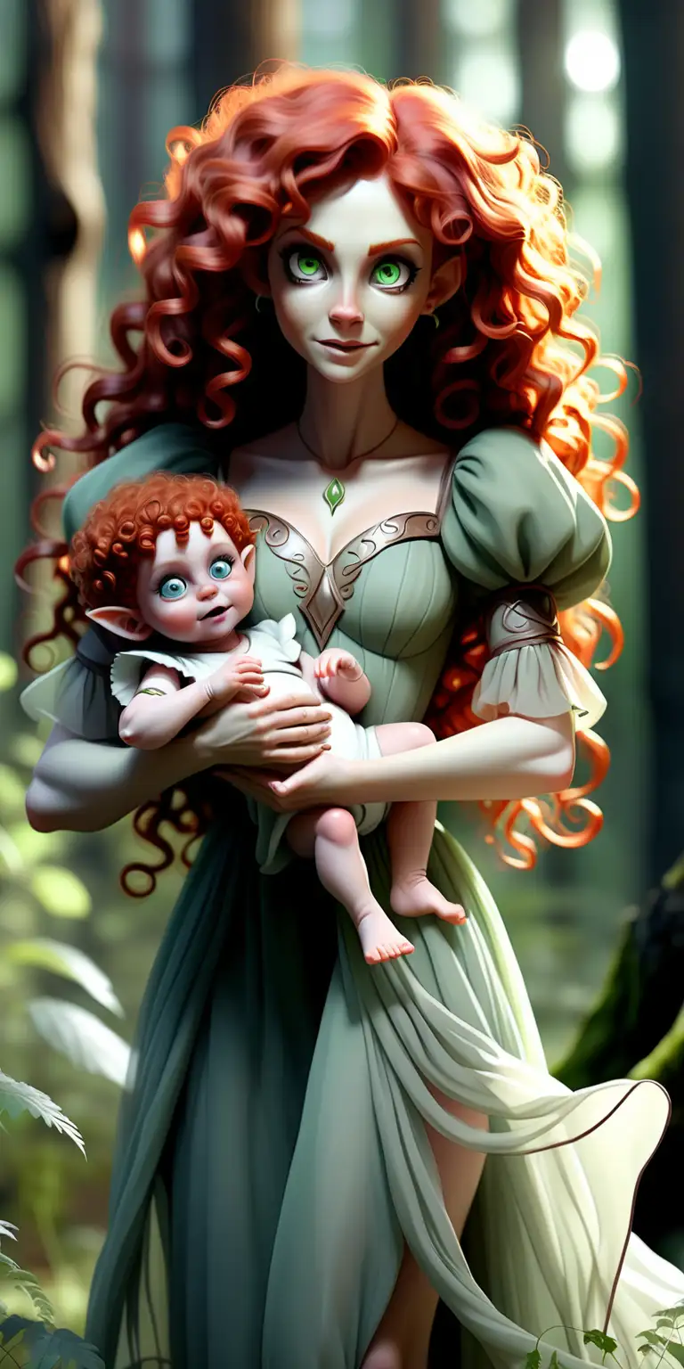  Взрослая Женщина эльф с рыжими кудрявыми волосами прозрачные глаза , красивое платье  тонкие острые зубы с  очень красивым человеческим младенцем младенцем  в руках в лесу 
   Волшебство 