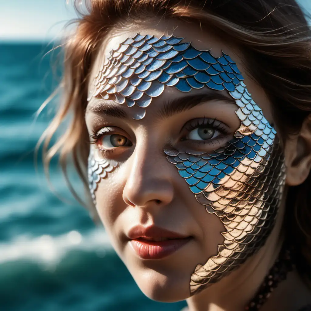 Professional close-up photo of woman's face with  fish scales in different colors, sea scenery. The composed frame takes into account realistic details of the characters, the charm of the woman and the natural surroundings of the sea. A high-quality camera was used to capture realistic details, provide optimal lighting and adjust the composition to reflect both the scenery of the place and the character of the woman in everyday situations