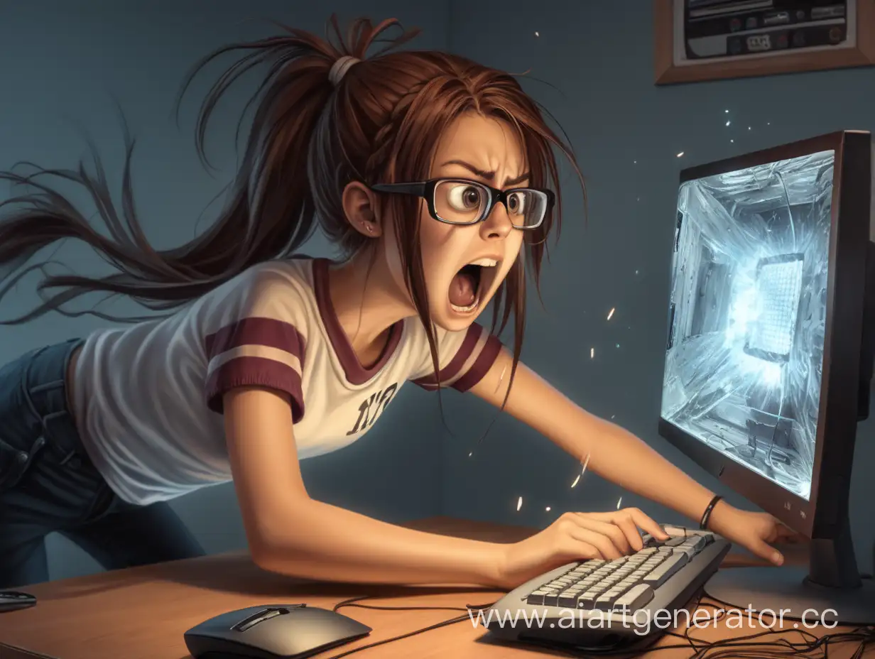 Девушка в ярости ломает компьютер из-за проигранной игры