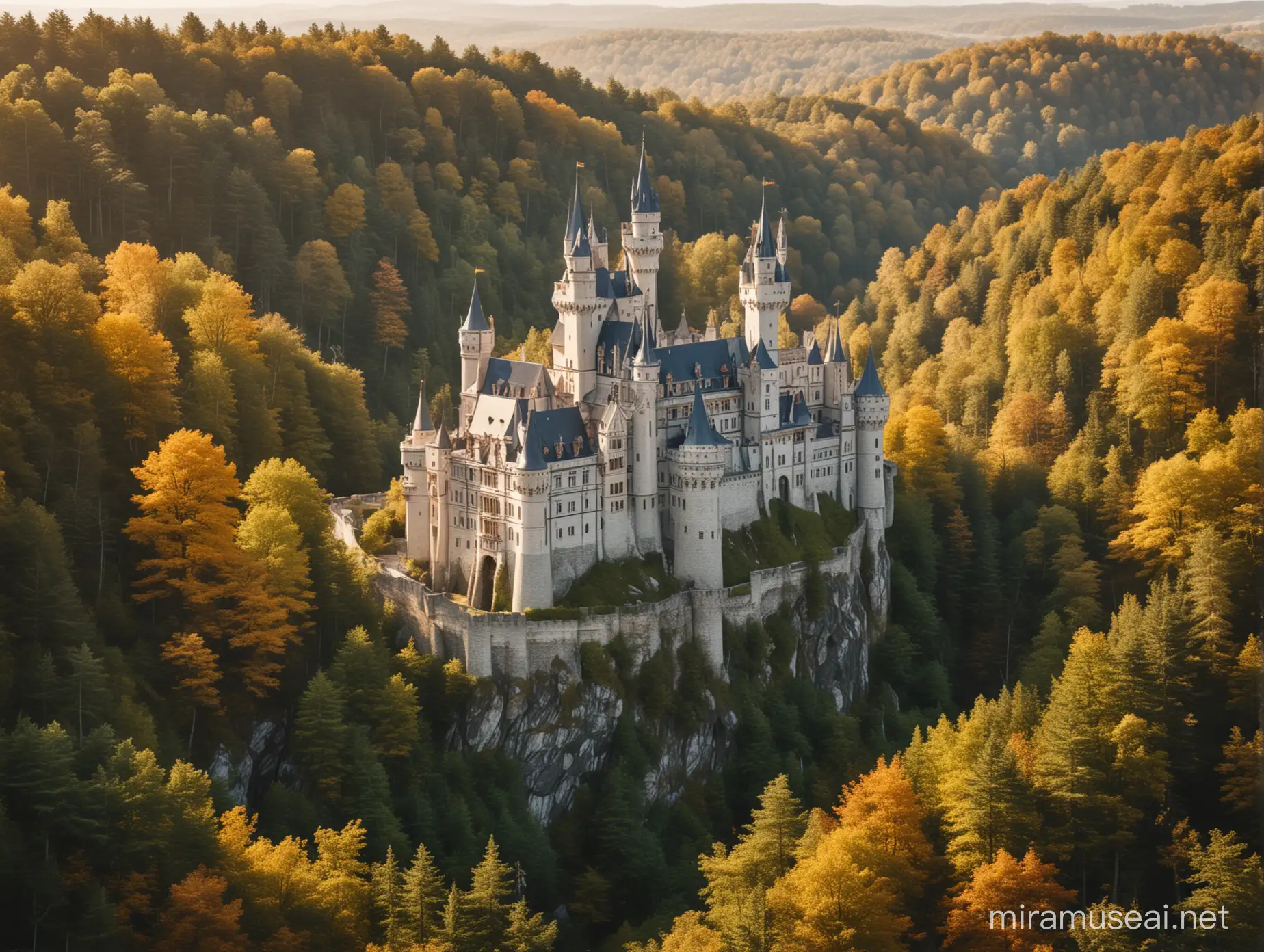 immense château majestueux de conte de fée entourée d'une belle forêt magique et scilntillante