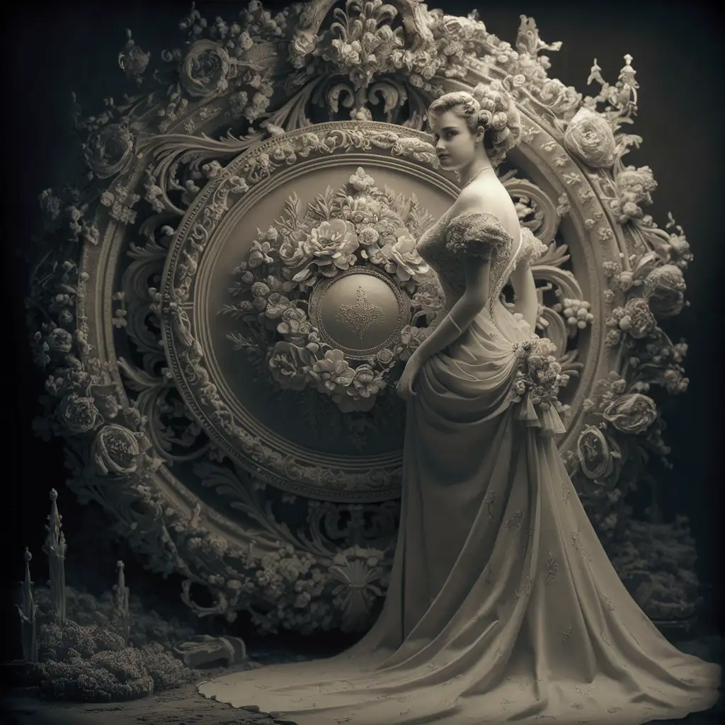 Imagine an image A beautiful, magical and mysterious photo of an elegant, beautiful woman in Victorian dress, standing next to an intricate decorated medallion that is the center of the composition. The medallion is decorated with carved floral motifs that give it a magical and mysterious character. The stage is steeped in an atmosphere of magic and mystery, emphasizing the uniqueness and beauty of both the woman and the medallion. The whole should be surrounded by the aura of mystery and charm of the Victorian era.