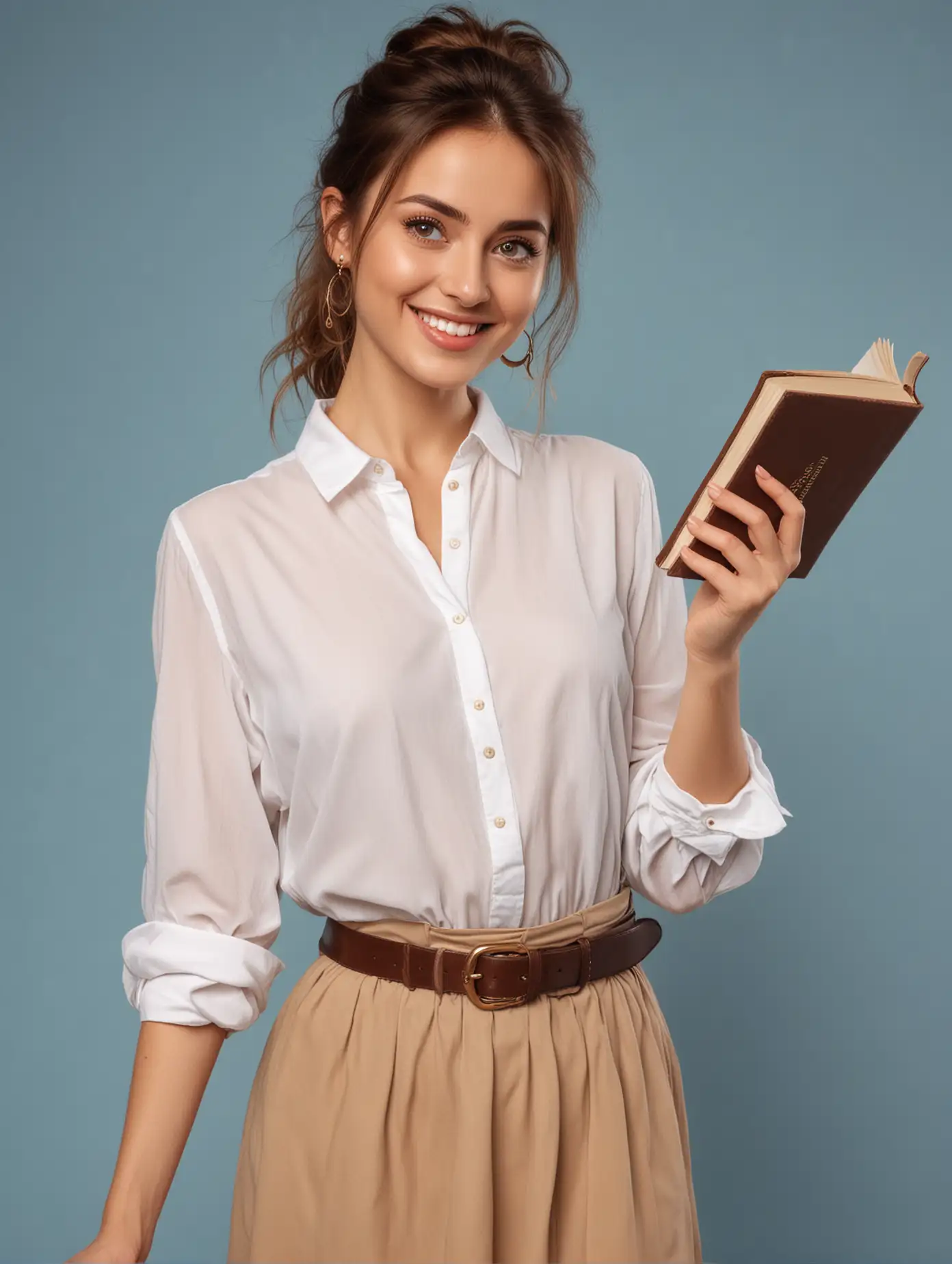 Photo of an attractive Russian woman holding out her hand with the book, wearing a white shirt and beige skirt with a brown belt, a black bag on her shoulder, a blue background, brown hair, an oval face shape, big eyes, golden earrings, looking at the camera, smiling