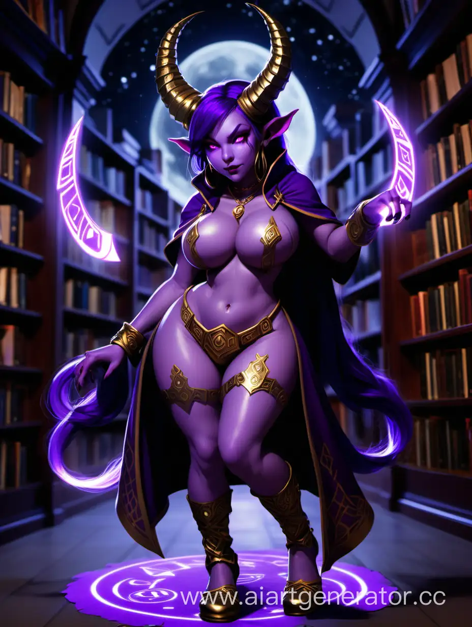 shortstack imp girl, cute, purple skin, hooves for feet, library background at night with glowing purple runes on the floor, large breasts, large thighs, horns atop head, very short height. Gold ear rings. Lusty, clothed, purple skin++,