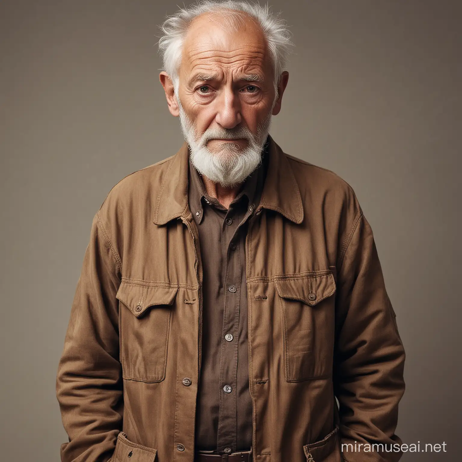 old man, 65. Does look like he's tired and does not take care of himself. Wars brown clothing