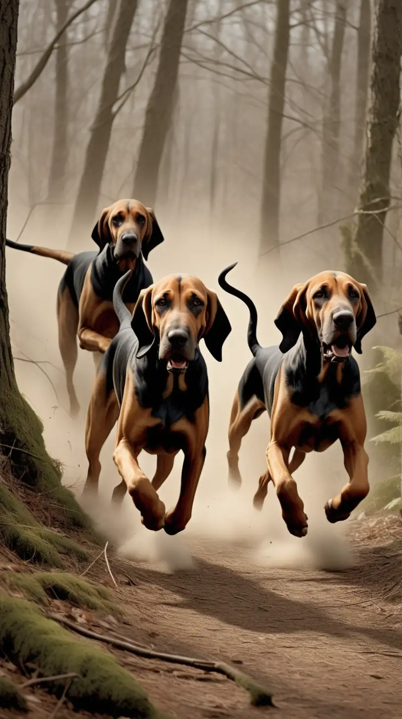 1800s Bloodhounds running in the woods