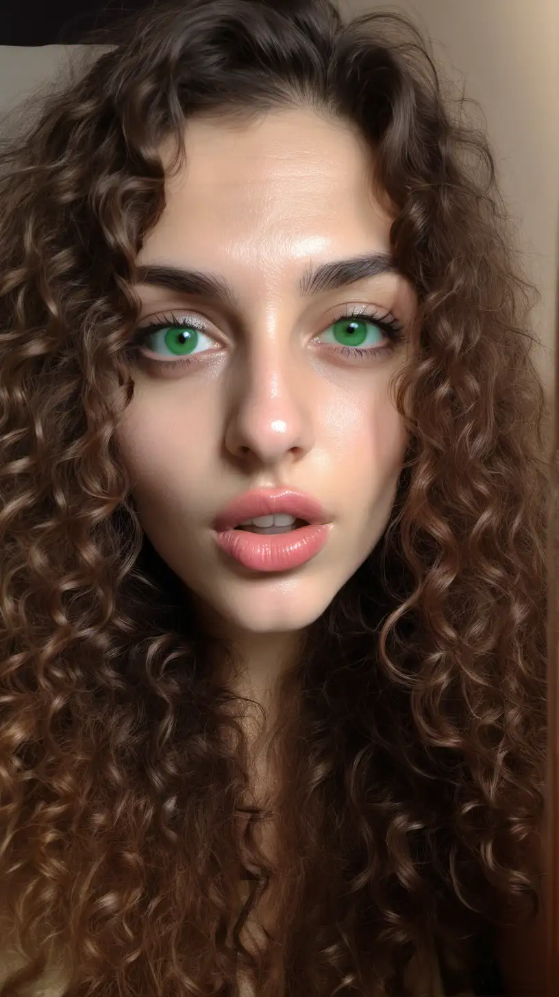 24 years old woman from italy with long curly brown hair, green eyes, selfie, purses her lips, kiss