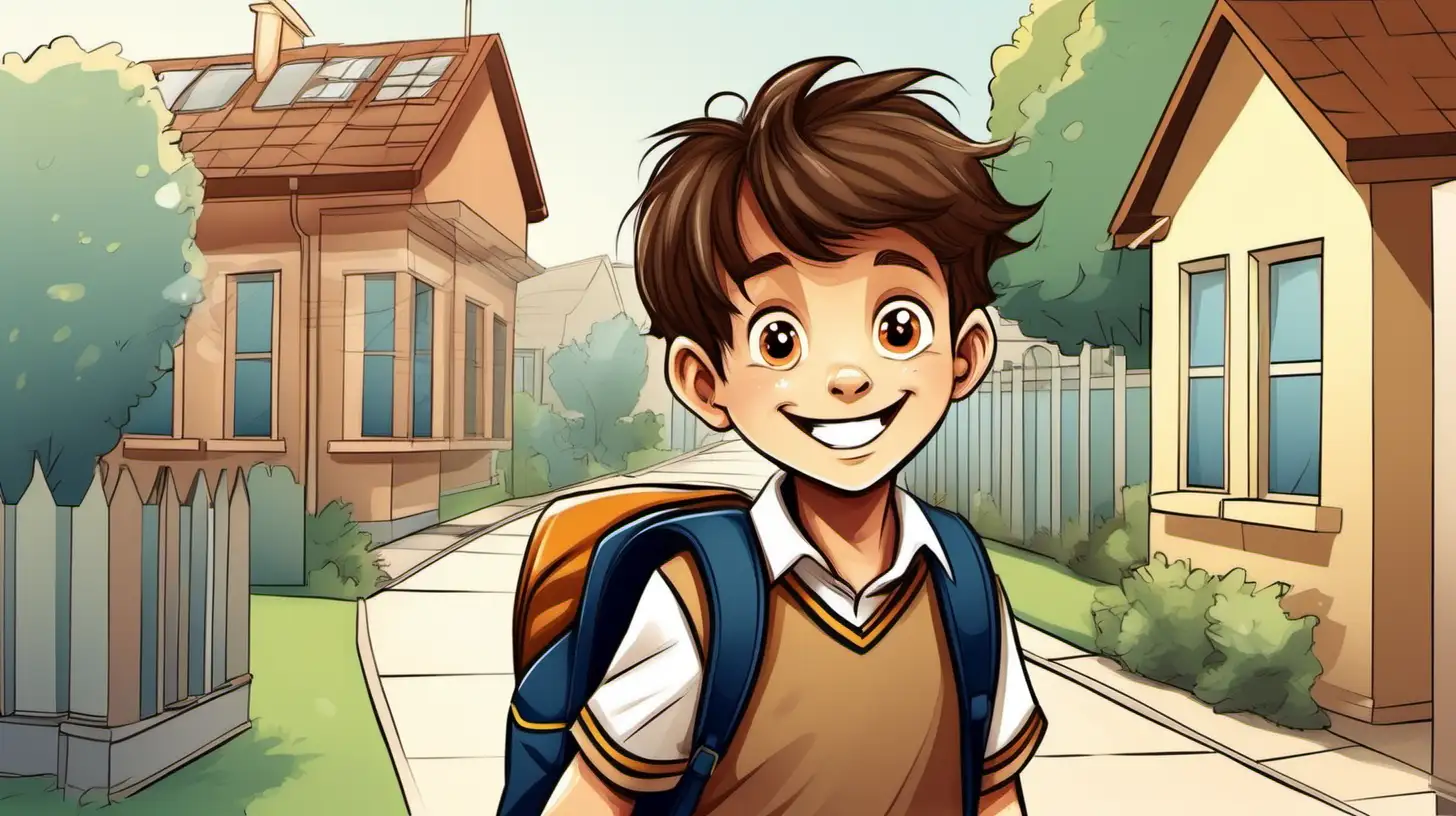 illustrate ten years old brown hair boy with school clothes coming the home, he is happy
