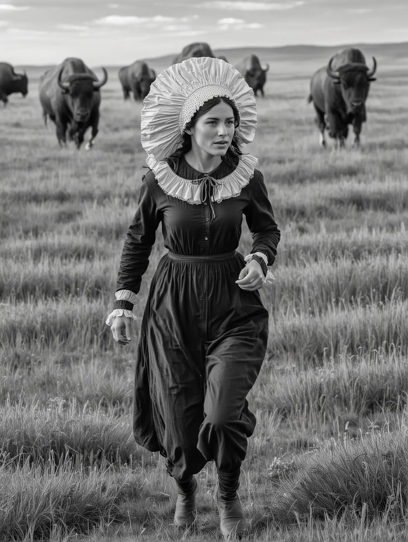 Pioneer Woman Running Through BuffaloFilled Prairie in Black and White