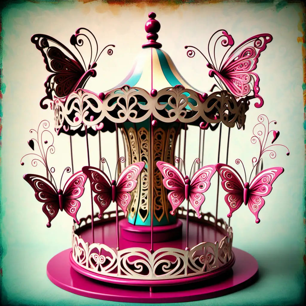 butterfly carousel, filigree, colorsplash background with hearts