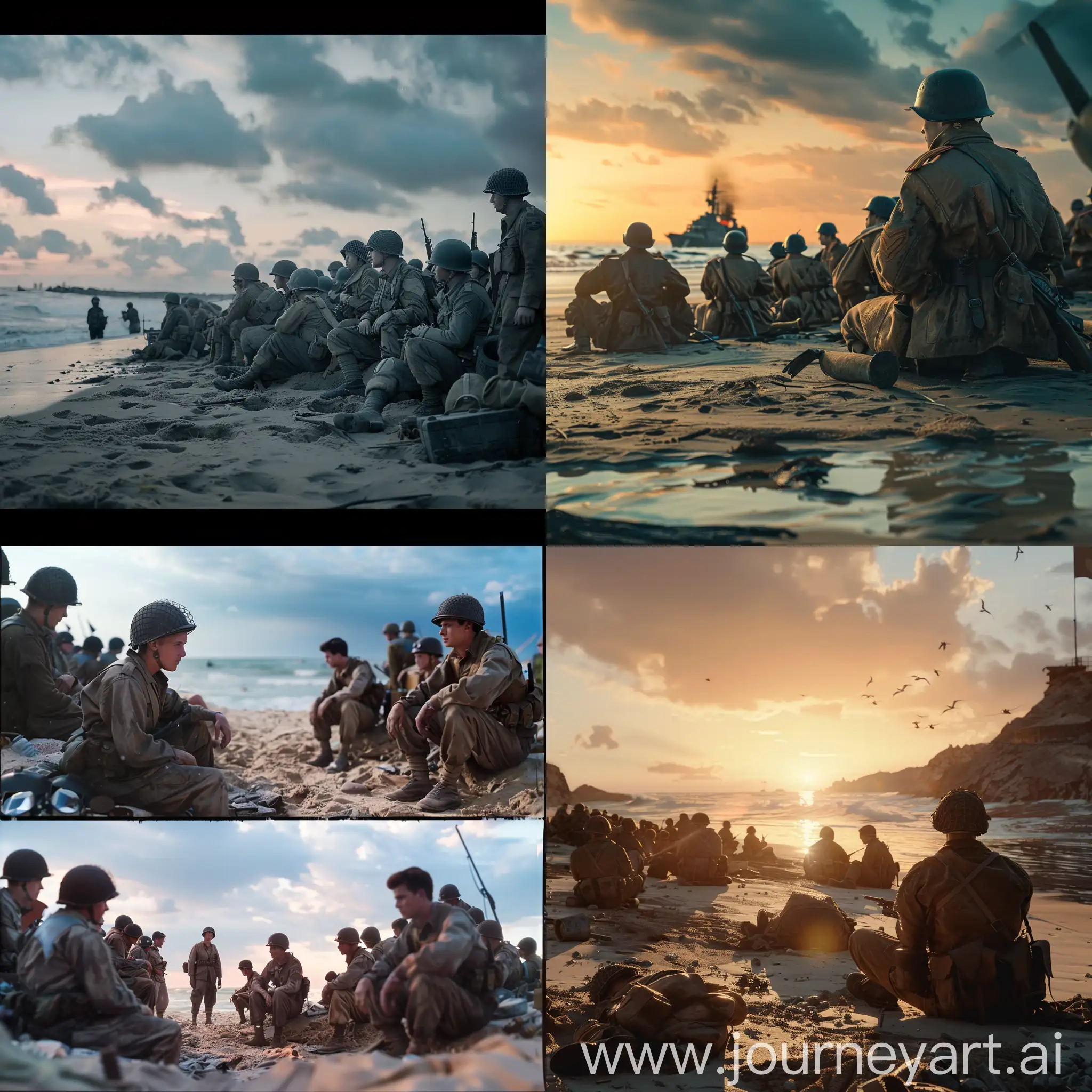 a cinematic shot of a group of soldiers sit on the beach in the style of Dunkrik movie, IMAX camera, super detailing –ar 3:4