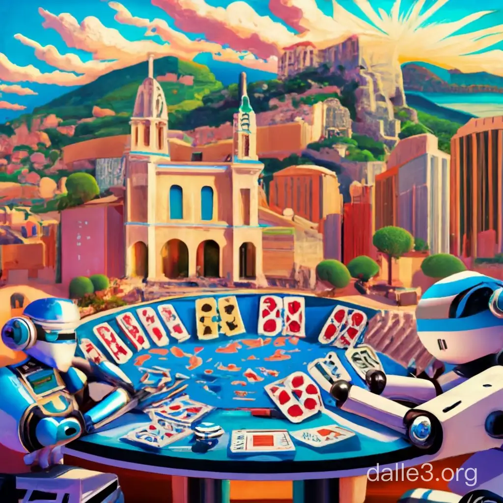 Create an artistic representation of a UNO card game setting set against the backdrop of Monaco. Visualize a futuristic gaming table where UNO cards are being played by advanced MCTS bots. The scene should capture the essence of sophistication, with bots showcasing strategic maneuvers amidst the luxurious ambiance of Monaco's iconic landmarks.