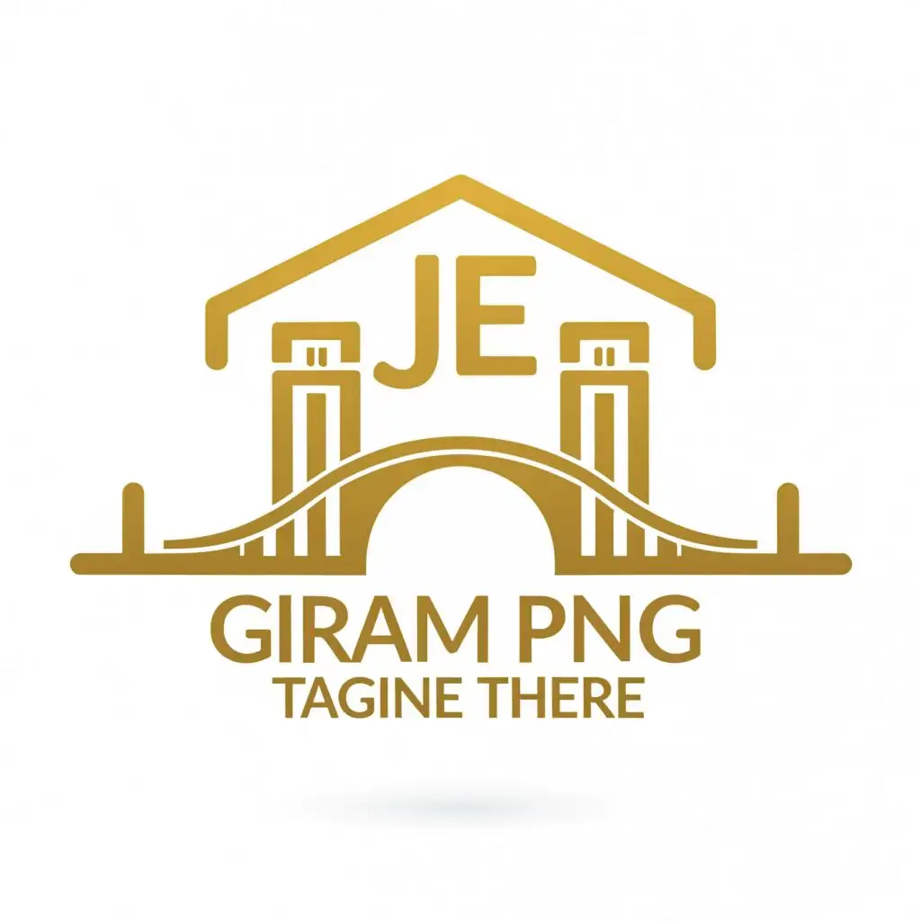 logo, white background nice golden Bridge, with the text "JE", typography, be used in Real Estate industry