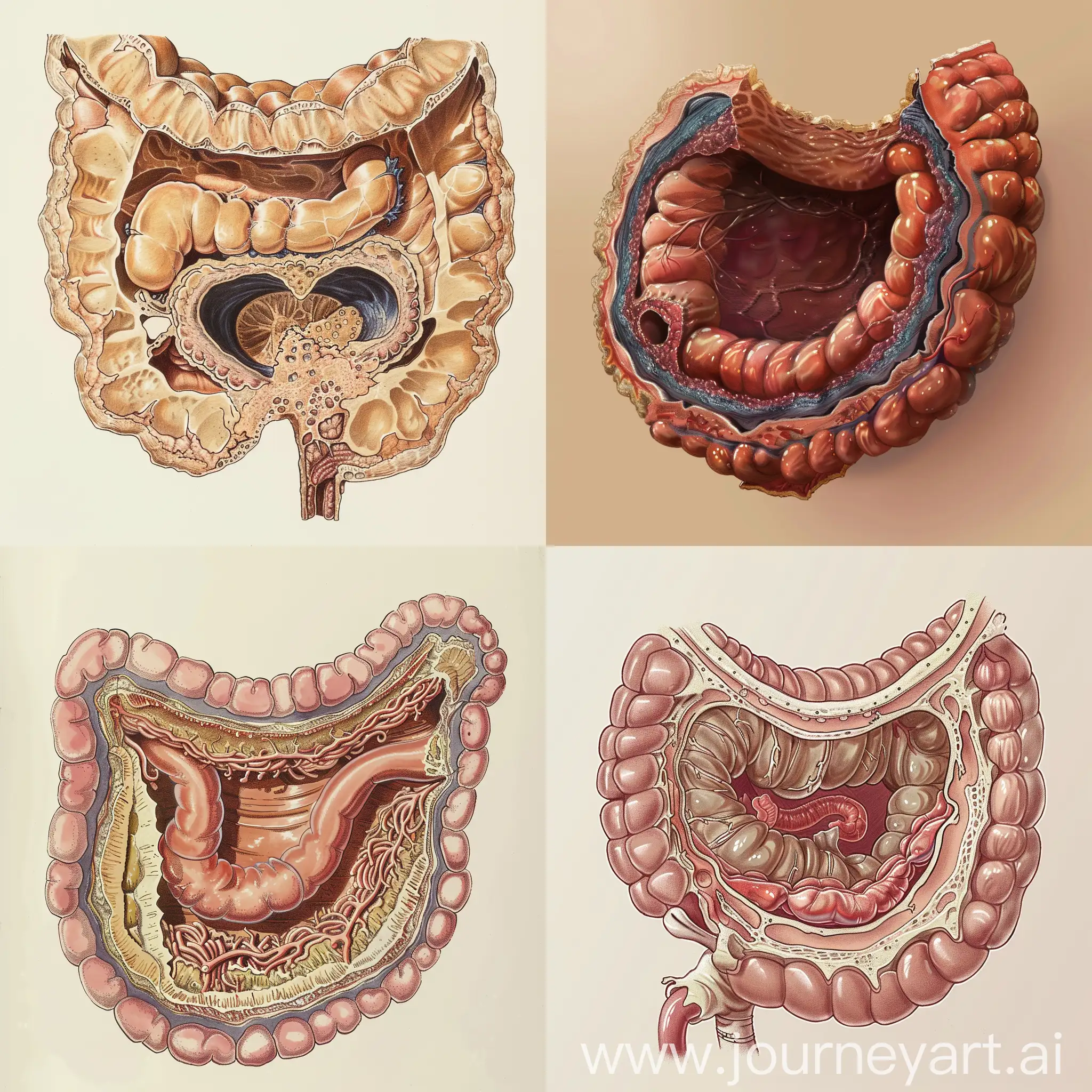 Represent colonic diverticulum as in an anatomical textbook, Netter's style. The bowel has to be represented in an anatomical cross section, with detailed mucosal and submucosal layers that form the walls of the diverticulum.