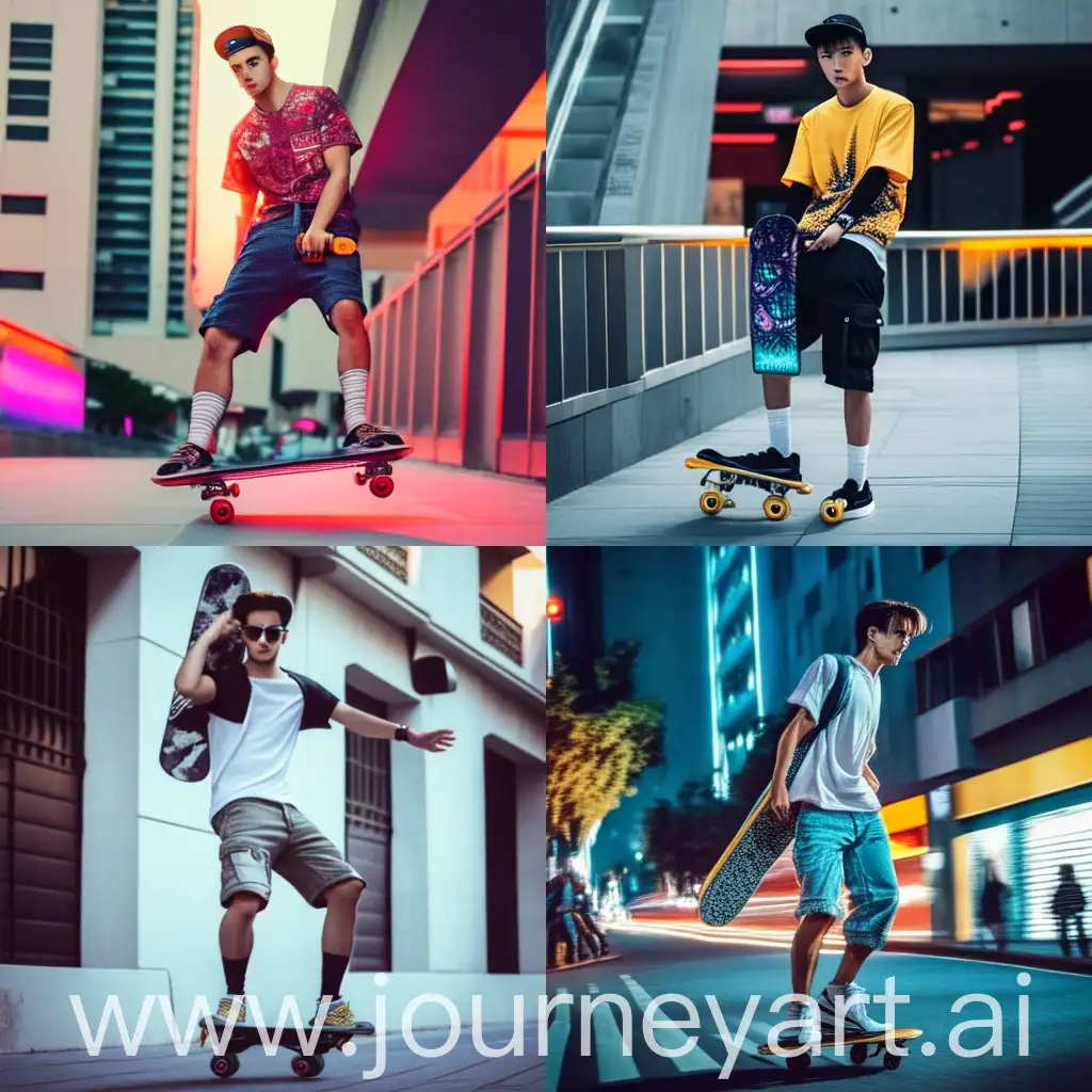 Very attractive 17-year-old Iranian young man with a skateboard on the street - style. Hip Hop - Short Pants - Street Hip Hop Exaggerated Style Image - Beautiful Image - Hyper Real Style - Cyberpunk Style