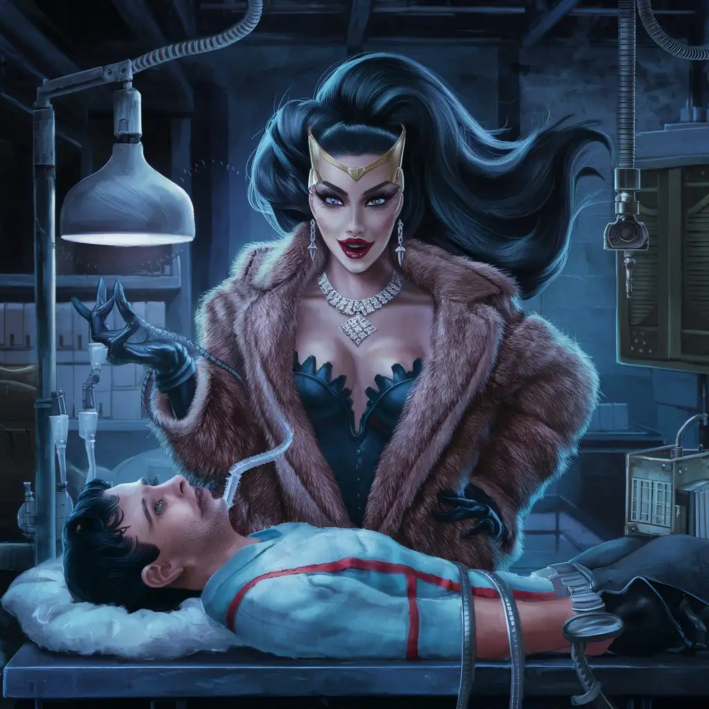 Laboratory, beautiful busty female gold digger in mink coat, detailed hypnotic eyes, diamond necklace, long flowing dark hair, feeding tube in hand, leans over handsome male patient strapped to medical table, sultry, seductive. 