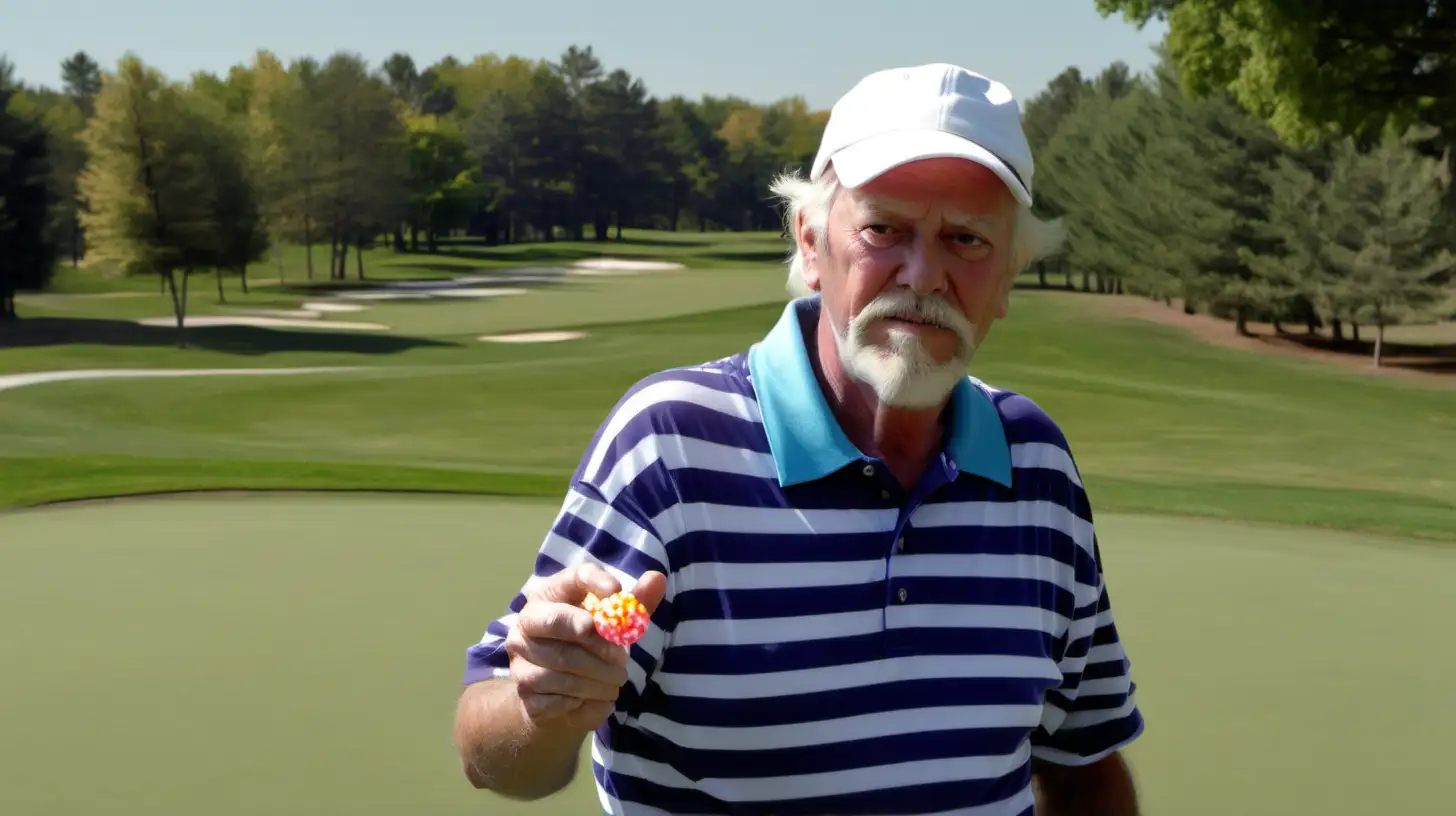 American man of 45 years on golf course. He offers a single candy.