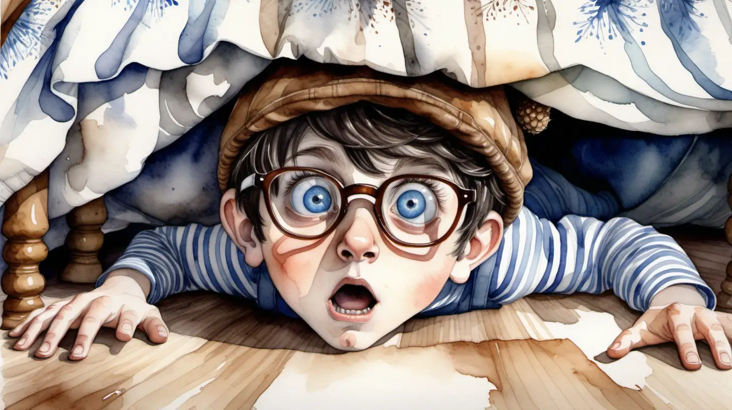 A watercolour fairytale picture of a very scared darkhaired blueeyed boy pixie wearing a brown acorn hat and glasses lying on the floor under his bed