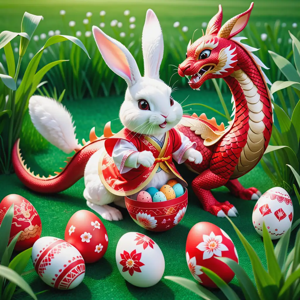 Easter greetings card, there is a white Easter bunny in a red Chinese dragon costume playing together in the grass, there are Hungarian folk motives painted on eggs in the grass