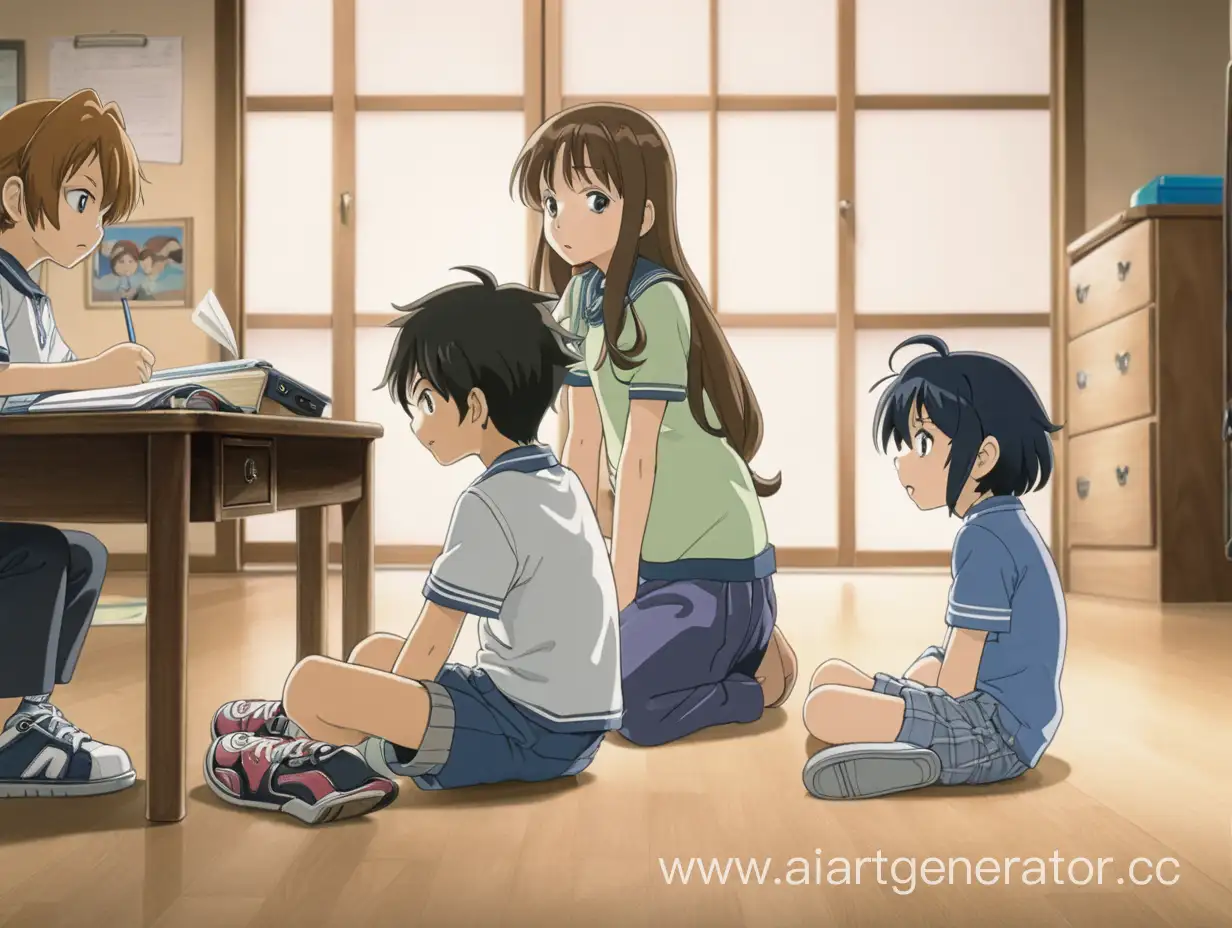 anime, an eight-year-old boy is sitting on the floor at a desk, watching his two sisters and one brother