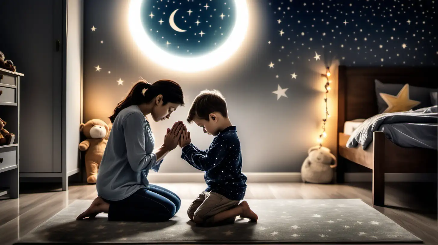 little boy praying on his knees with his parents in his kids room, background blurred, semi light background color, stars and moon showing through window