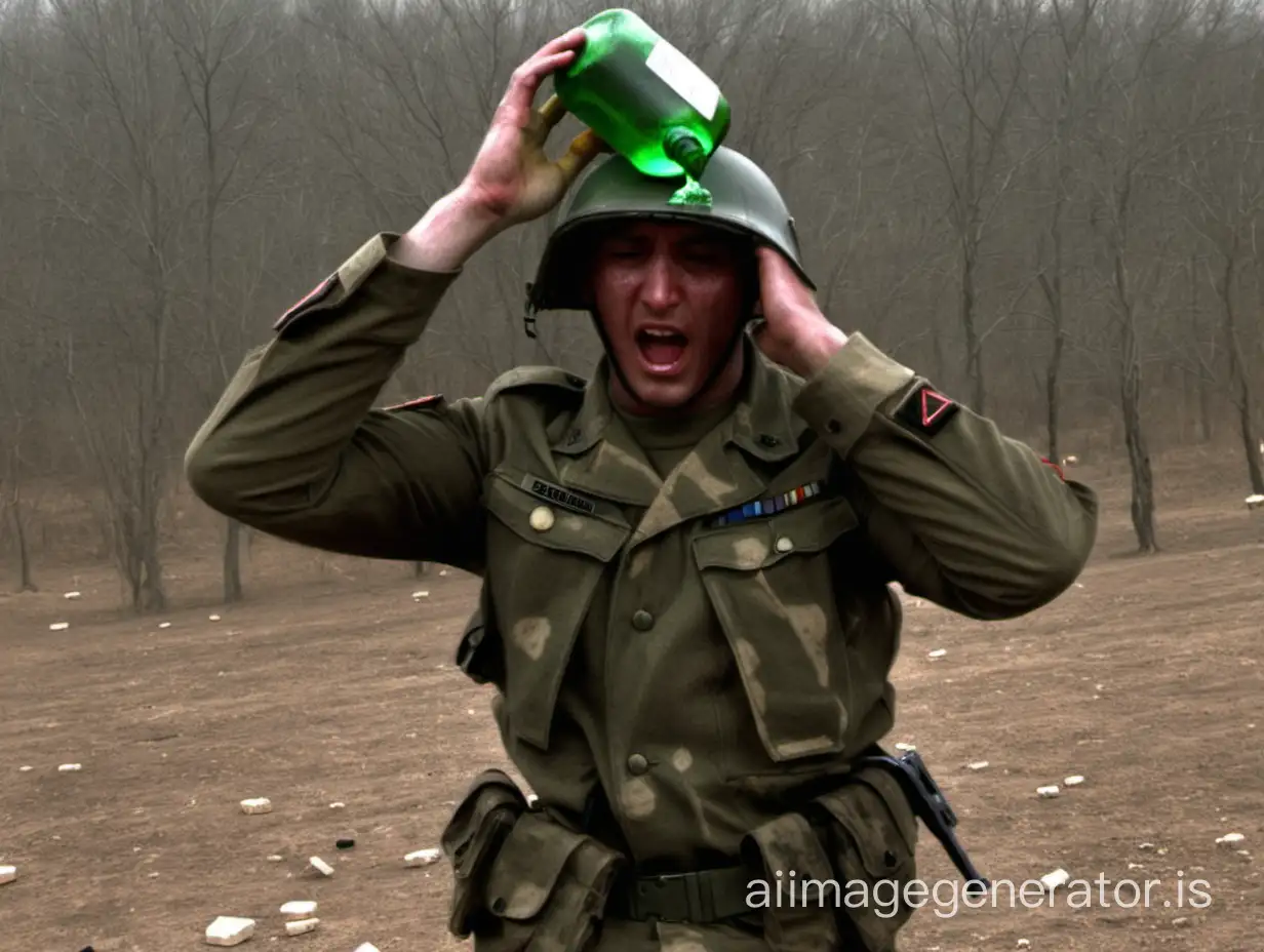 The soldier hits himself with a bottle on his head.