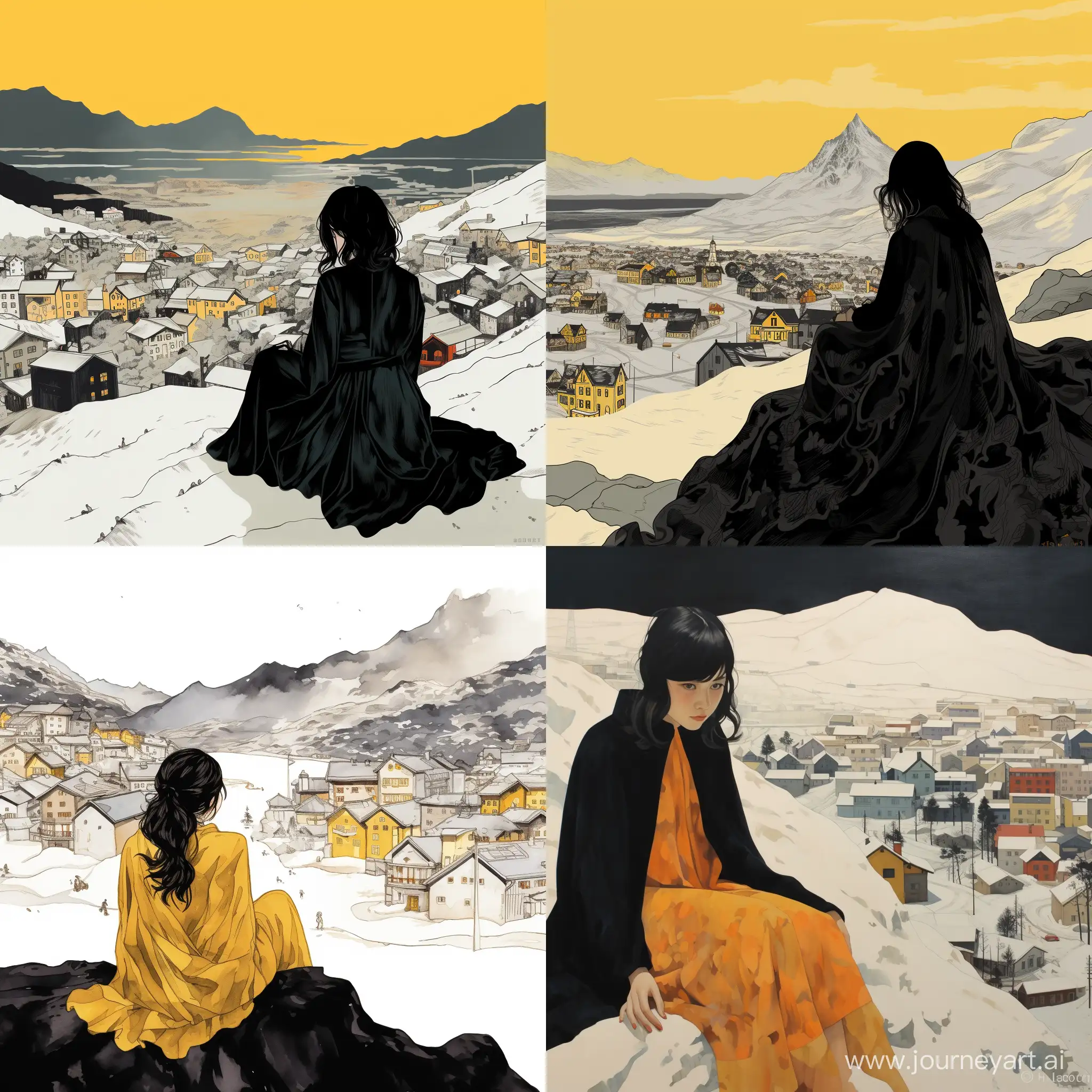 /mode Девушка сидит на склоне заснеженной горы, у нее темные волосы и на ней надето платье желтого цвета, а поверх платья черная накидка, она смотрит на заснеженный и разрушенный город, покрытый льдом