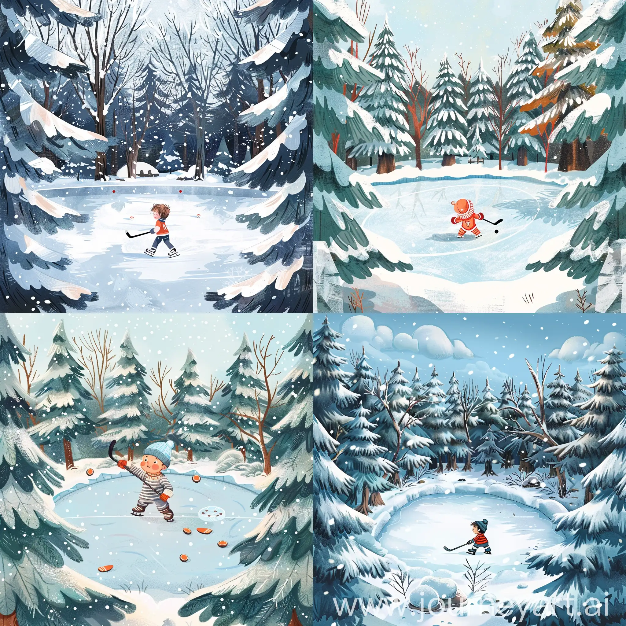children's book illustration of a baby playing hockey on an outdoor ice rink surrounded by snow covered trees