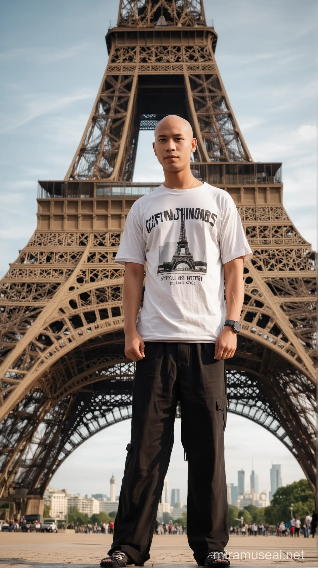 Bald Indonesian Man Poses Under Eiffel Tower with Canon DSLR Camera