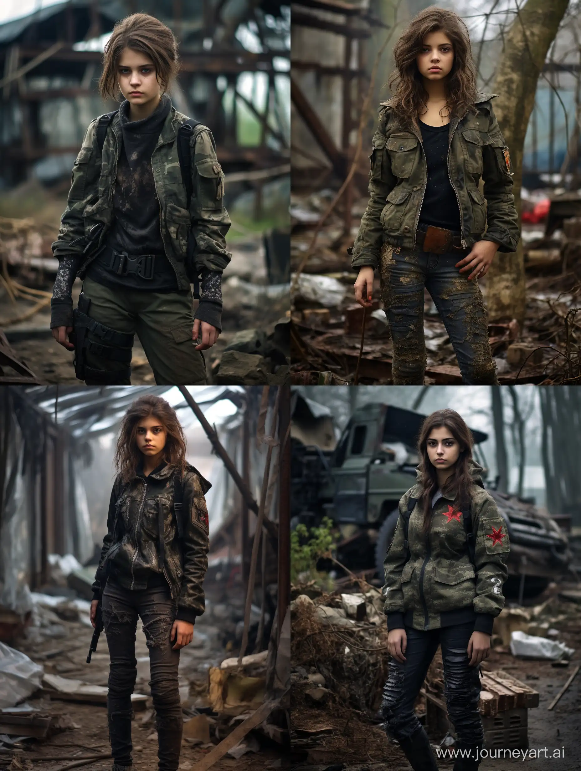 Post-Apocalypse, office, Communist winter military uniforms, кубинский революционер, tomboy in uniform, pretty 15 year old woman, tomboy, full body, military camouflage tight leggings, Photos 8K, modern military uniform, solo, without weapon