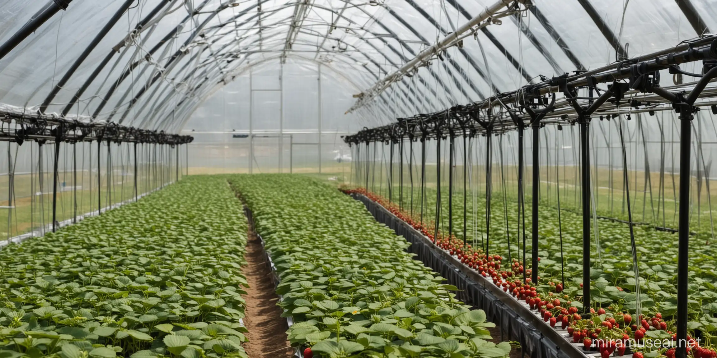 一个玻璃温室大棚内种植草莓，大棚靠玻璃板的位置有横向放置的透明管道，管道里装有黑色的液体