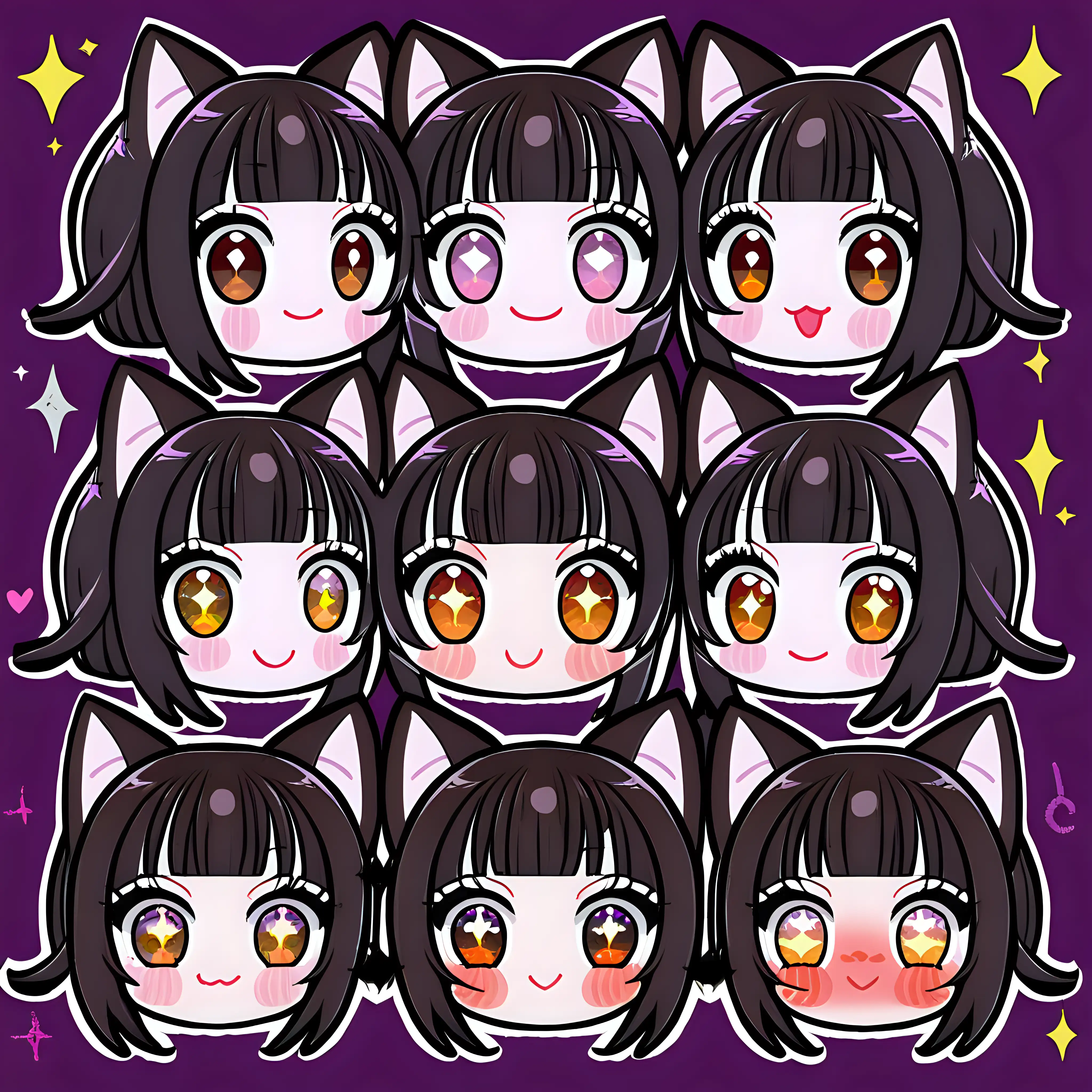 ChibiStyle Cute Girls with Black Hair and Cat Ears Twitch Emote Set