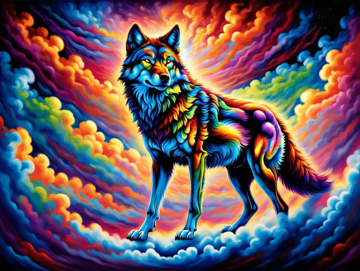 magine a breathtaking scene where a vibrant, multi-hued wolf emerges from a canvas of swirling, iridescent clouds. The wolf's form is vividly painted with a palette of vibrant colors, emanating an aura of raw power and strength amidst the ever-shifting, kaleidoscopic clouds that surround it. Capture the essence of this majestic creature as it stands as a symbol of primal force and beauty within the mesmerizing, colorful expanse of the sky.