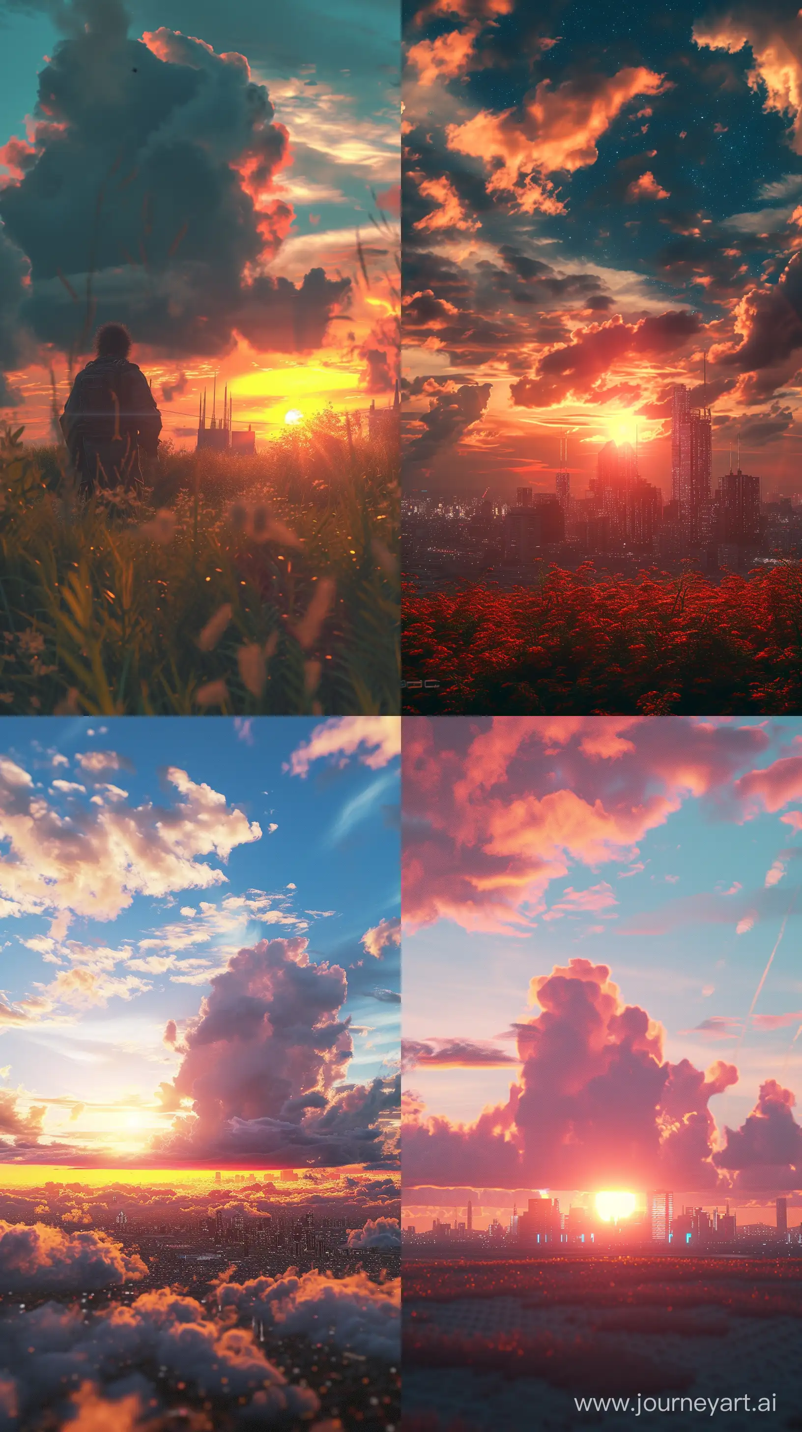 city, cyberpunk, detailed, hyper realistic, octane render, 8k, big field, beautiful clouds, sunset, —ar 9:16