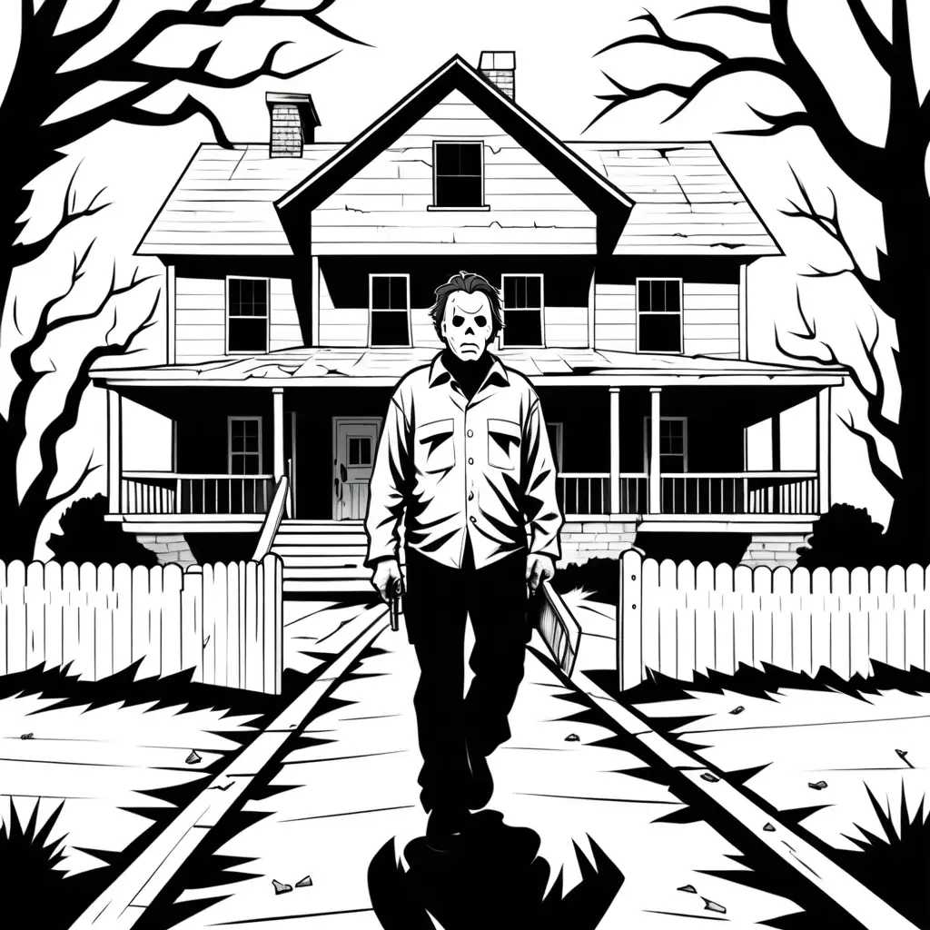 simple black and white coloring book illustration of Michael Myers walking in front of his rundown house 