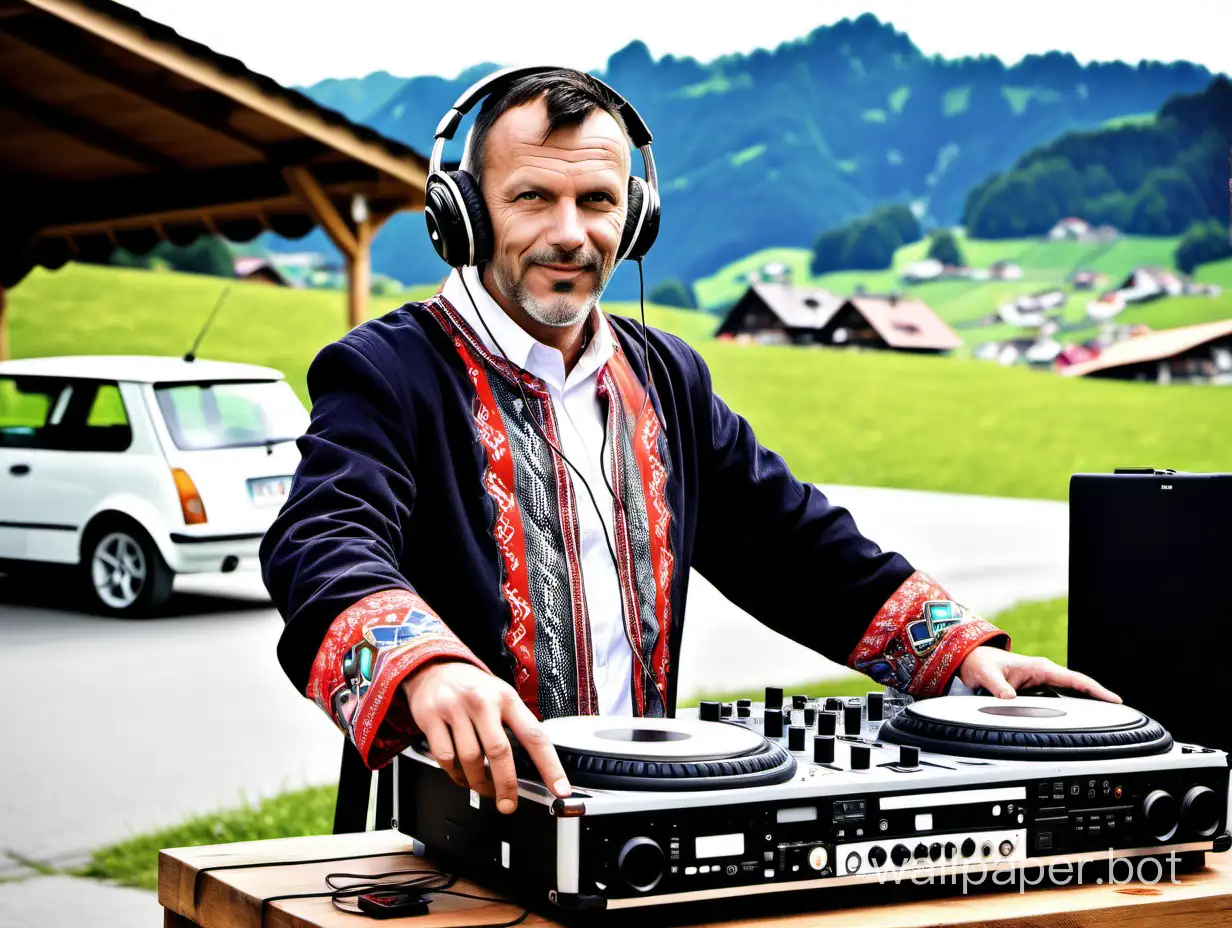 One 45 year old Appenzell man in traditional cloths, acting as a DJ with DJ mix table and headphones, in front of his BMW mini