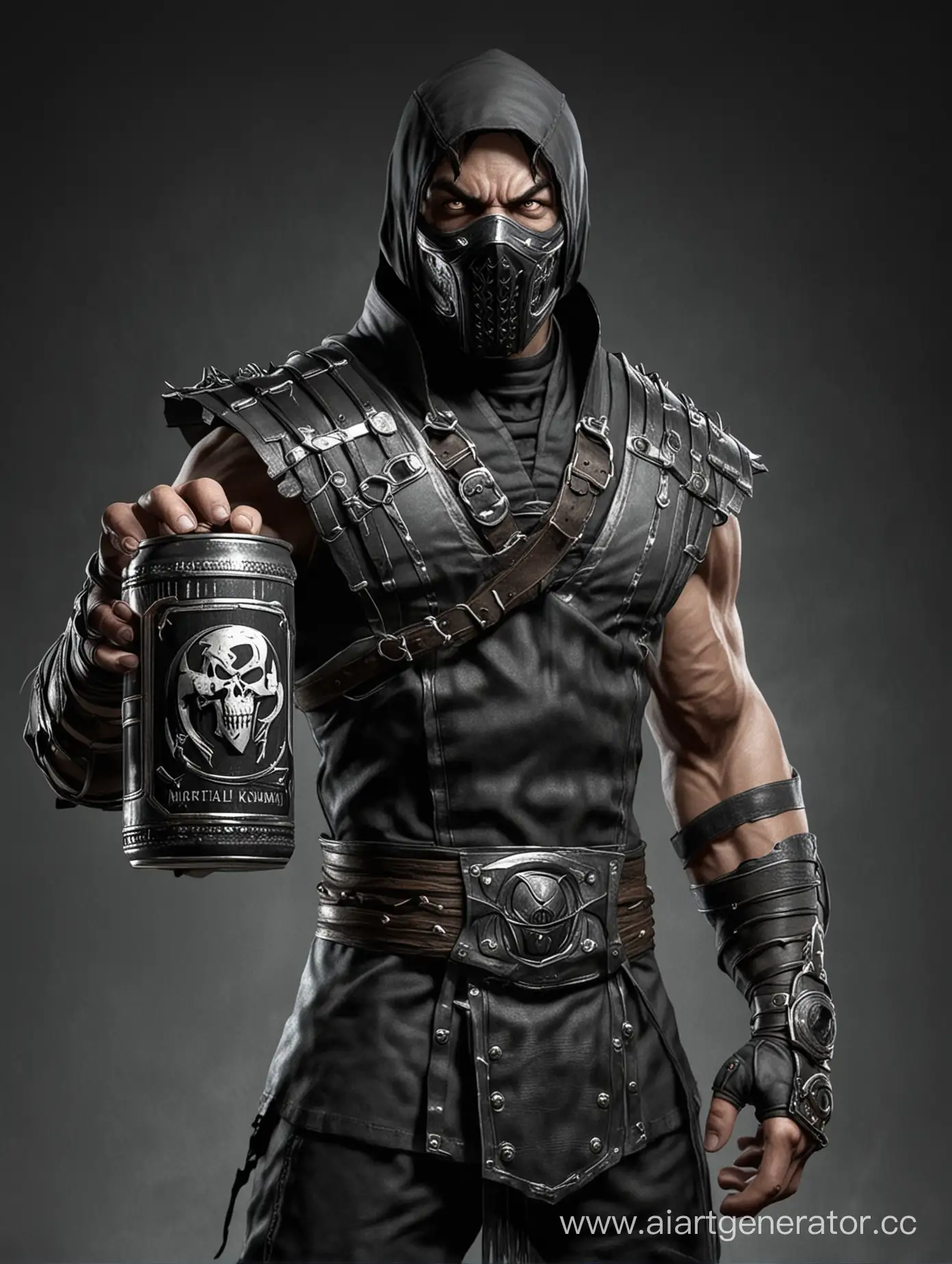 Персонаж игры Mortal Kombat держит в руках  черную жестяную банку