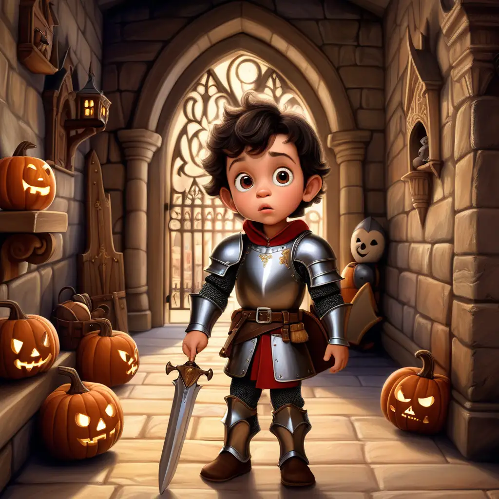 a charming three-year-old prince boy with dark brown hair and adorable big, expressive eyes and slightly protruding ears,hears a scary sound in a medieval setting, there are some wooden toys, The backdrop showcases a picturesque helloween hallway with knight's armors at the walls in a palace. Aim for a Pixar-style rendering.