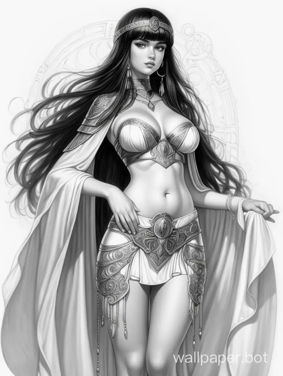 Young Irina Chashchina, eastern goddess, dark hair with bangs, large size 4 breasts, narrow waist. Bustier with lacing and decoration. Skirt with metal overlays, short cape on the right shoulder, black and white sketch, white background. Nude-magic style.
