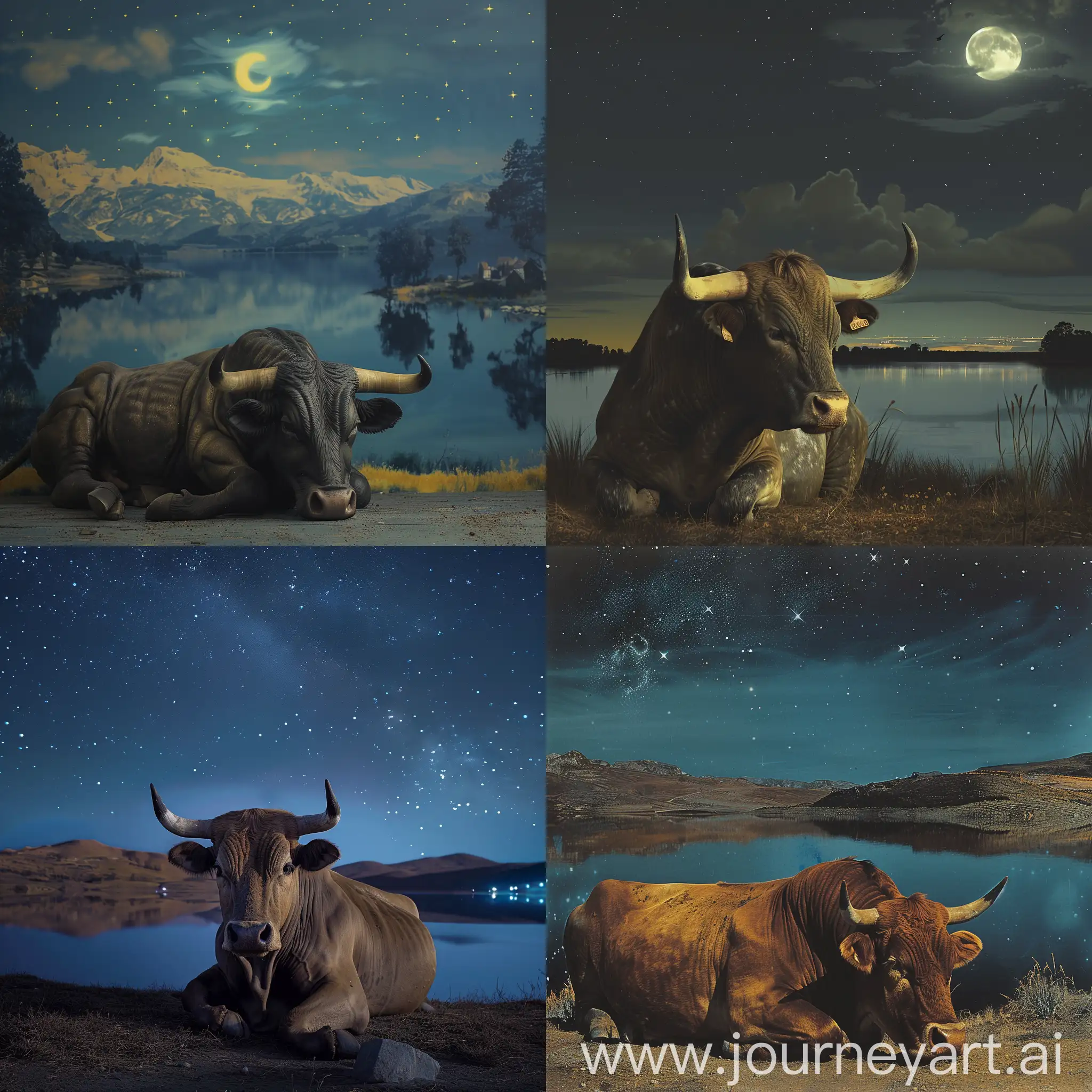 toro descansando frente a un lago de paisaje nocturno