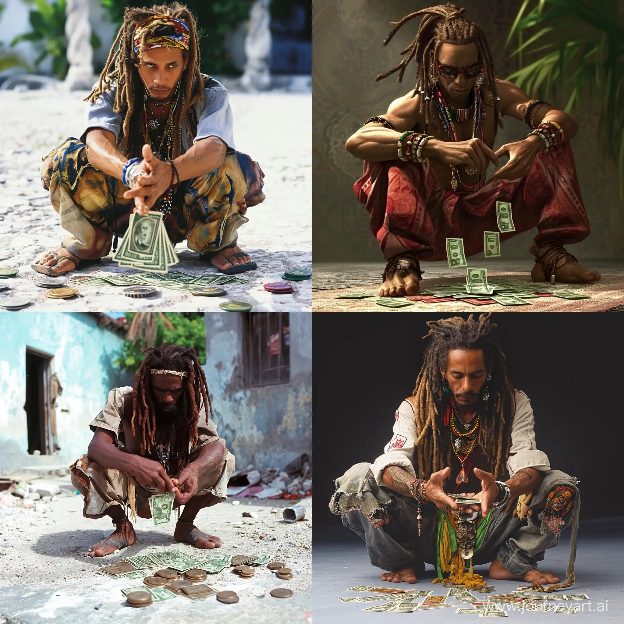 Caucasian rastafari squatting and doing a money spread, PlayStation 1 Graphics